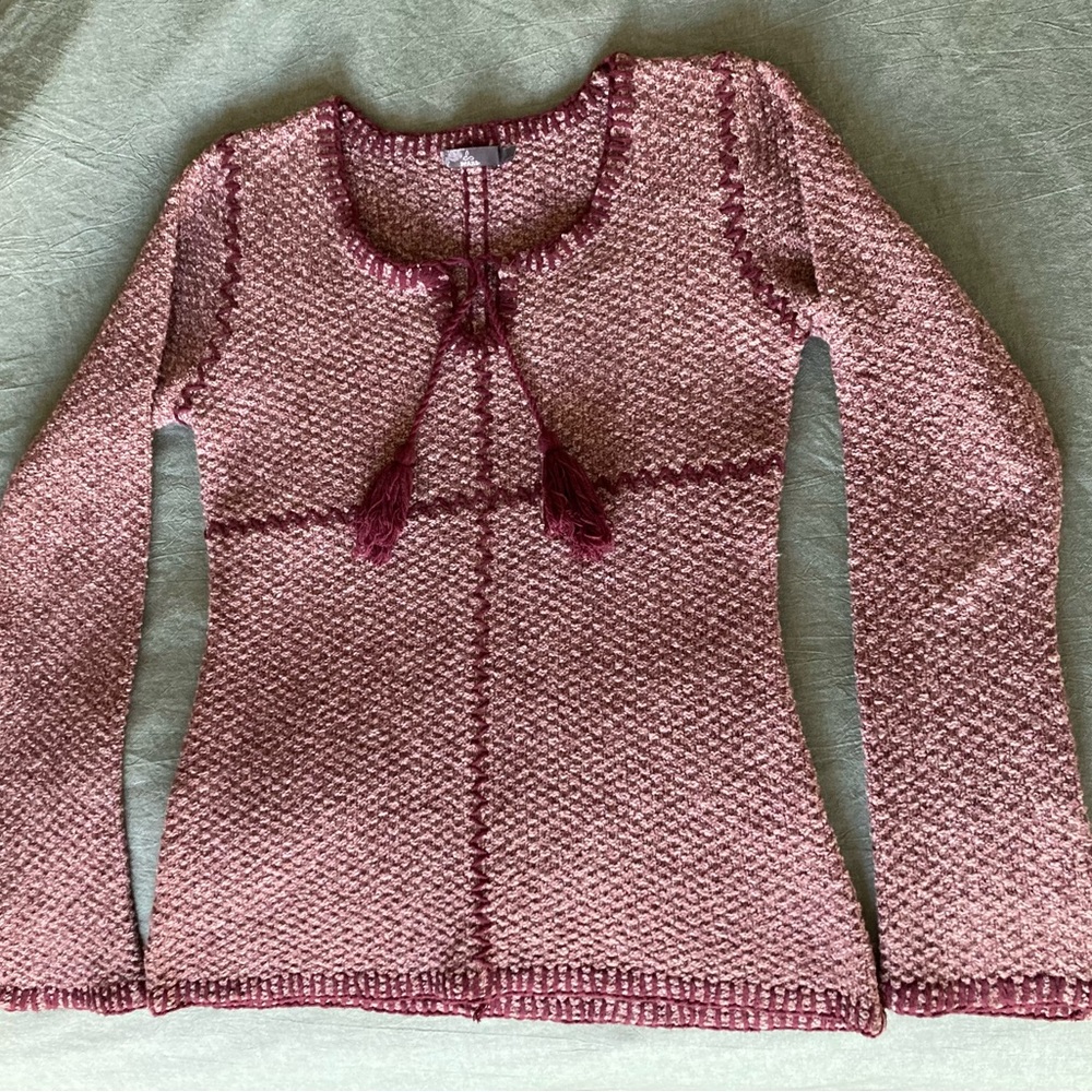 Red Prana Crochet Stitch Knit Sweater with Tassel
